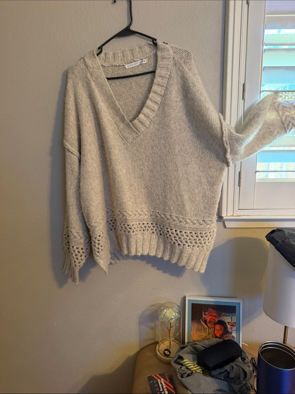 Altar'd State Cream V-Neck Open-Stitch Sweater